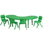 image of Flash Furniture YU-YCX-0043-2-MOON-TBL-GREEN-E-GG Preschool Activity Table Set, 35x65, Adjustable Height 14.5-23.75, 220 lb, Green Plastic Top, 4 Stacking Chairs