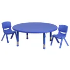 image of Flash Furniture YU-YCX-0053-2-ROUND-TBL-BLUE-R-GG Preschool Activity Table Set, 45" Round, Adjustable Height, Blue Plastic Top, 220 lb Capacity, 2 Stacking Chairs