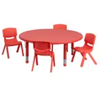 image of Flash Furniture YU-YCX-0053-2-ROUND-TBL-RED-E-GG Preschool Activity Table Set, 45" Round, Adjustable Height, Red Plastic Top, 220 lb Capacity, 4 Stacking Chairs