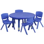 image of Flash Furniture YU-YCX-0073-2-ROUND-TBL-BLUE-E-GG Preschool Activity Table Set, 33" Round, Adjustable 14.5-23.75" Height, Blue Plastic Top, 220 lb Capacity, 4 Stacking Chairs