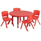 image of Flash Furniture YU-YCX-0073-2-ROUND-TBL-RED-E-GG Preschool Activity Table Set, 33" Round, Adjustable 14.5-23.75" Height, Red Plastic Top, 220 lb Capacity, 4 Stacking Chairs