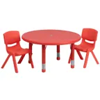 image of Flash Furniture YU-YCX-0073-2-ROUND-TBL-RED-R-GG Preschool Activity Table Set, 33" Round, Adjustable 14.5-23.75" Height, Red Plastic Top, 220 lb Capacity, 2 Stacking Chairs