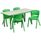 image of Flash Furniture YU-YCY-060-0034-RECT-TBL-GREEN-GG Preschool Activity Table Set, 47x24 Rectangular, Adjustable 15-24 Height, 220 lb Capacity, Laminate Top, 4 Stacking Chairs