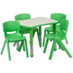image of Flash Furniture YU-YCY-098-0034-RECT-TBL-GREEN-GG Preschool Activity Table Set, 26x22 Rectangular, Adjustable 14.5-23.75 Height, 220 lbs Capacity, Laminate Top, 4 Stacking Chairs