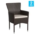 image of Flash Furniture 2-TW-3WBE074-BR-GG Maxim Stackable Wicker Patio Chairs with Arms, Espresso Polyethylene Wicker, Cream Cushions