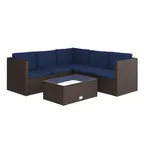 image of Flash Furniture BN-WS404-NV-BR-GG L-Shaped Sectional Sofa Set with Coffee Table, Navy Cushions, Brown Rattan Frame, Rectangular Table