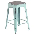 image of Flash Furniture ET-BT3503-24-DB-PL2G-GG Kai Stool, 24"H, 500 lbs, Backless, Distressed Green-Blue Metal Frame with Gray Polystyrene Seat