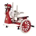 image of Omcan USA 20387 - Manual Slicer, 14-9/16" Carbon Steel Blade, Stainless/Aluminum Build, Built-in Sharpener, Made in Italy