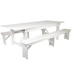 image of Flash Furniture XA-FARM-4-WH-GG Hercules Series Folding Farm Table Set, Antique Rustic White, 96"W x 40"D, Seats 8 Adults