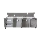 image of Omcan USA 49299 94" 3-Section Refrigerated Pizza Prep Table, 2 Doors, 12 Pans, Stainless Steel