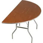 image of Forbes Industries HOSC84 Half-Round Folding Table, 84" Dia. x 30"H, Plywood Top with Walnut Stain & UV Polycoat, Aluminum Edge