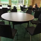 image of Forbes Industries REV60RDMXE####-SQ## 60" Round Folding Table with High-Pressure Laminated Surface, Square Leg, 30" High
