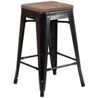 image of Flash Furniture CH-31320-24-BQ-WD-GG Counter Height Stacking Bar Stool, 500 lb, Backless, Galvanized Steel, Black Antique Gold