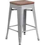 image of Flash Furniture CH-31320-24-SIL-WD-GG Silver Backless Bar Stool, 500 lb. Weight Capacity, Stacking, Wood Seat, Galvanized Steel Frame
