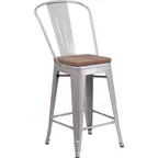 image of Flash Furniture CH-31320-24GB-SIL-WD-GG Silver Counter Height Bar Stool, 500 lb. Weight Capacity, Metal Back, Wood Seat