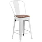 image of Flash Furniture CH-31320-24GB-WH-WD-GG Counter Height Bar Stool, 500 lb. Weight Capacity, White Powder Coat Finish, Metal Back, Wood Seat