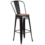 image of Flash Furniture CH-31320-30GB-BQ-WD-GG Bistro Style Bar Stool, 500 lb. Weight Capacity, Metal Curved Back, Textured Wood Seat, Black Antique Gold
