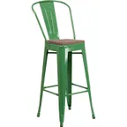 image of Flash Furniture CH-31320-30GB-GN-WD-GG Green Bistro Bar Stool, 500 lb. Weight Capacity, Metal Back, Wood Seat