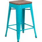 image of Flash Furniture ET-BT3503-24-CB-WD-GG Teal Blue Backless Bar Stool, 500 lb, Counter Height, Wood Seat, Galvanized Steel, Stacking