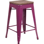 image of Flash Furniture ET-BT3503-24-PUR-WD-GG Purple Backless Bar Stool, 500 lb. Weight Capacity, Counter Height, Wood Seat, Galvanized Steel Frame, Distressed Finish