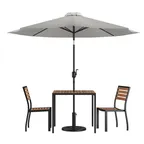 image of Flash Furniture XU-DG-810060362-UB19BGY-GG 35" Square Patio Dining Table Set with 2 Stacking Faux Teak Chairs and Gray Umbrella