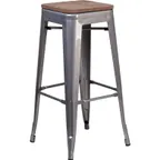 image of Flash Furniture XU-DG-TP0004-30-WD-GG 30-1/4" Backless Stacking Bar Stool, Wood Seat, 500 lb, Silver