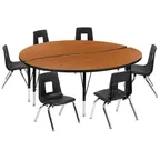 image of Flash Furniture XU-GRP-14CH-A60-HCIRC-OAK-T-P-GG Emmy Activity Table & Chair Set, Round 60" Table, Adjustable Height, 6 Stack Chairs, Oak/Black