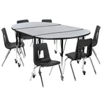 image of Flash Furniture XU-GRP-16CH-A3048CON-48-GY-T-A-CAS-GG Emmy Activity Table & Chair Set, Oval Laminate Top, 76"W x 47.5"D, 6 Stack Chairs, Gray/Black