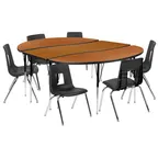 image of Flash Furniture XU-GRP-16CH-A3060CON-60-OAK-T-A-GG Emmy Activity Table & Chair Set, Oval Laminate Top, 86x60, 6 Stack Chairs, Adjustable Height