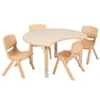 image of Flash Furniture YU-YCY-093-0034-CIR-TBL-NAT-GG Emmy Activity Table & Chair Set, 35" Half Moon, Adjustable Height, Natural Finish, 4 Chairs