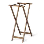 image of Forbes Industries 6861-EN Extra Tall 36" Oak Tray Stand, Solid Oak, Brown Frame, Black Poly Straps, Black Stain Finish