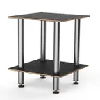 image of Steelite MGCMDX03MSXF 29" Square 2-Tier Buffet Table, Nero Marquina Marble BHP Laminate Top, Brushed Stainless Steel Legs