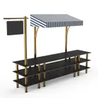 image of Steelite MGCMLA03MBWF Mogogo Buffet Station, 130" x 29.5" x 96"H, Nero Marquina Marble BHP Laminate Top, White/Blue Canopy, Brushed Brass Legs