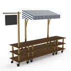 image of Steelite MGCMLA03WBWW 130" Configurable Buffet Table, 3-Tier, Bengali Mango Wood Top, White/Blue Canopy