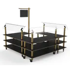 image of Steelite MGCMLB06MBXW 100" Rectangular Buffet Table, 3-Tier, Nero Marquina Marble BHP Laminate, Brushed Brass Casters