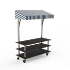 image of Steelite MGCMLB10MSWW Modular Classic Canopy Buffet Table, 71" Wide, 29.5" Deep, 96" High, Marble Black Finish, Stainless Steel Frame, White/Blue Canopy, On Casters