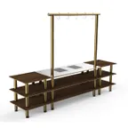 image of Steelite MGCMLD02WBXF 130" Configurable Buffet Table, 3-Tier, Drop-In, Double Well, Bengali Mango Wood Top, Brushed Brass Legs