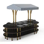 image of Steelite MGCMLD03MBWF 130" Configurable Buffet Table, 3-Tier, 6 Well, Nero Marquina Marble BHP Top, White/Blue Canopy