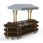 image of Steelite MGCMLD03WBWF 130" Configurable Buffet Table, 3-Tier, 6 Well, Bengali Mango Wood Top, White/Blue Canopy