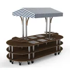image of Steelite MGCMLD03WSWW 130" Configurable Buffet Table, 3-Tier, 6 Well, Bengali Mango Wood Top, White/Blue Canopy