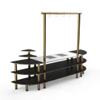 image of Steelite MGCMLD05MBXF 130" Modular Buffet Table, 3-Tier, Nero Marquina Marble BHP Laminate, Brushed Brass Legs, 1800W, 120V