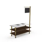 image of Steelite MGCMLD12WBXF 71 Buffet Table, 29-1/2 Depth, 35 Height, Bengali mango wood BHP laminate top, brushed brass legs