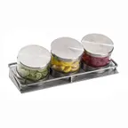 image of Cal-Mil 1850-5-55 Cold Condiment Display, (3) 32 Oz. Round Glass Jars With Silicone Lined Stainless Steel Solid Lids