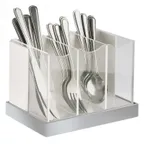 image of Cal-Mil 3015-55 Luxe 3-Compartment Utensil Holder, 8.25"W x 5.75"D x 6"H, Acrylic, White Metal Frame