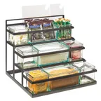 image of Cal-Mil 3603-13 Condiment Stair Step Display, 16"W X 14.75"D X 13.5"H, 3-Tier, Includes: (6) 4" X 4" & (3) 4" X 8" Glass Jars And (9) Notched Lids