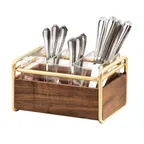 image of Cal-Mil 3700-46 Mid-Century 3-Compartment Flatware Holder, 9.5x6.5x5.5, Walnut with Brass Frame