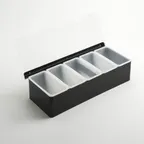 image of American Metalcraft CDB5 5‑Compartment Bar Holder, Black Steel, 14.75"L x 5.75"W x 3.5"H, with 16‑oz Plastic Containers
