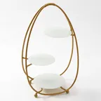 image of American Metalcraft SRG3 3‑Tier Oval Buffet Stand, 12"L×7"W×20½"H, Gold Built‑In 6" & 7¼" White Glass Plates