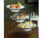 image of American Metalcraft TTRSMEL7 3‑Tier Display Stand, 17" H x 9.75" W, opens 24" wide black iron 12" melamine bowls 87 oz