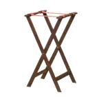 image of American Metalcraft WTSM31 Tray Stand – 17" Wide x 31" High, Mahogany Wood, Brown Frame, Black Nylon Straps, Foldable